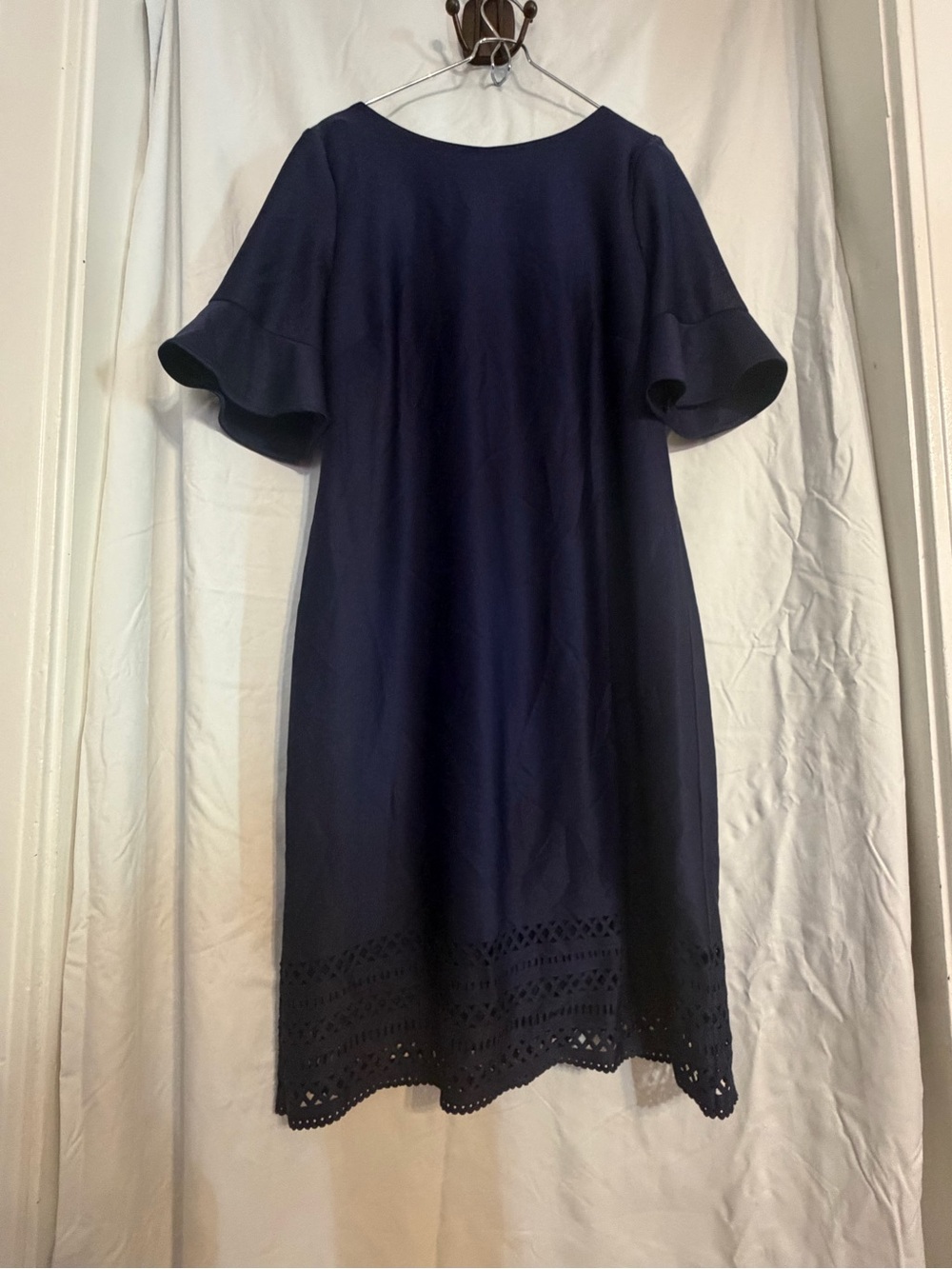 Donna Ricco Navy Midi Dress with Eyelet Hem and Flutter Sleeves